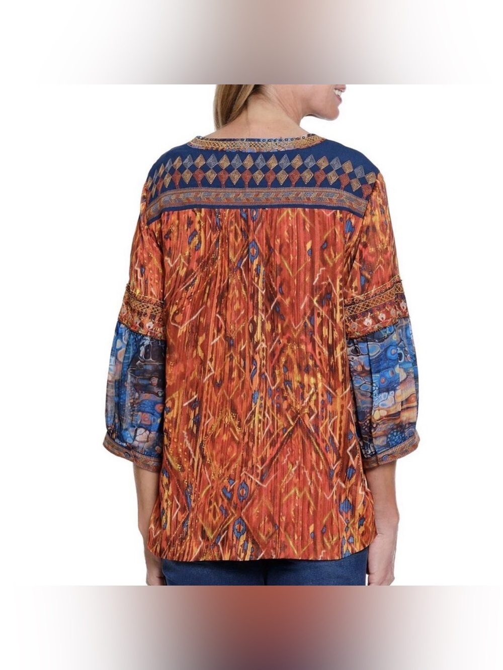 John Mark Autumn Hues Boho Tunic Top Plus 2X Ikat Print Embroidered Tassel Tie - Picture 2 of 13